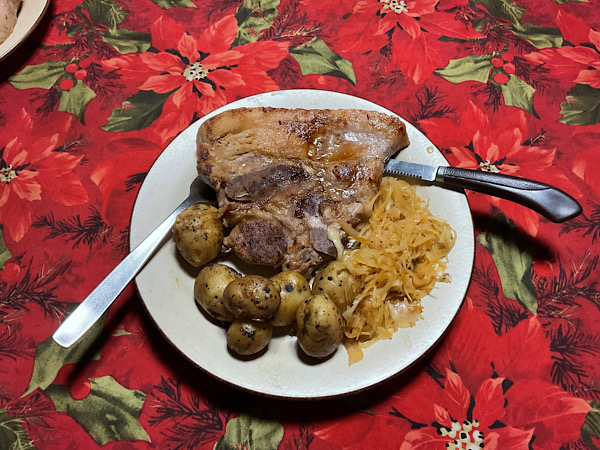Berkshire Pork Chops, Roasted Potatoes, with Fried Onions and Sauerkraut