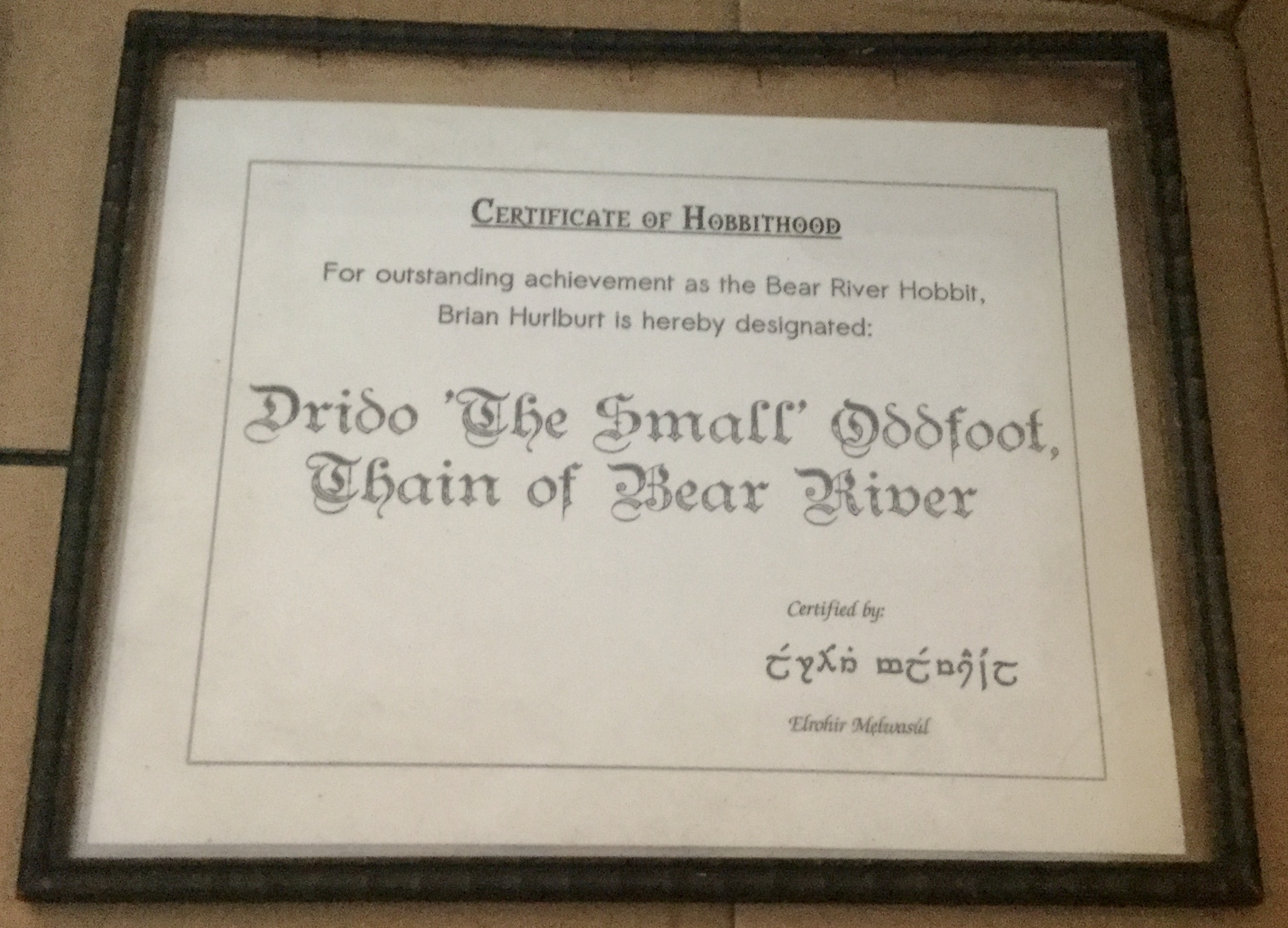 Drido certificate of Hobithood